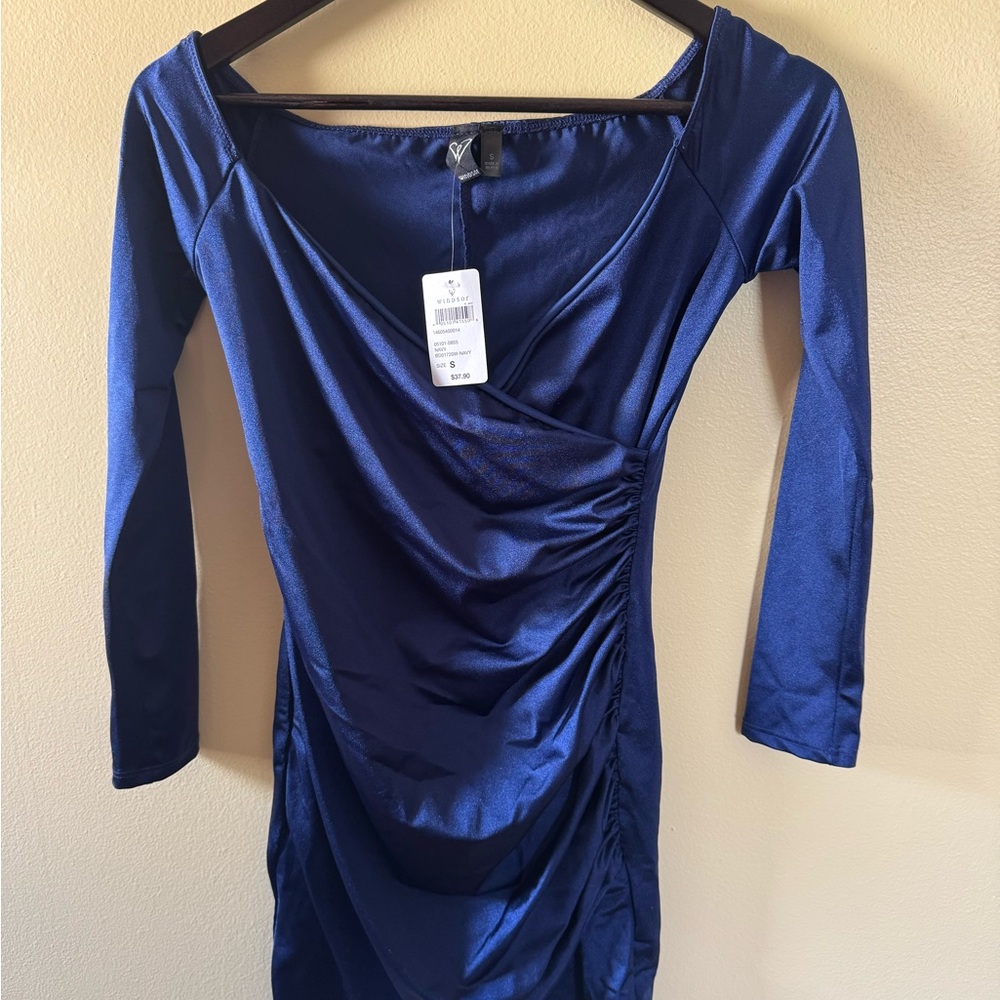 Windsor Royal Blue Long Sleeve Ruched Wrap-Front Dress